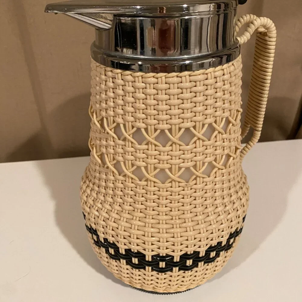 Vintage AB Termoverken Rattan Thermos Pitcher Sweden Cream & Black‎ MCM